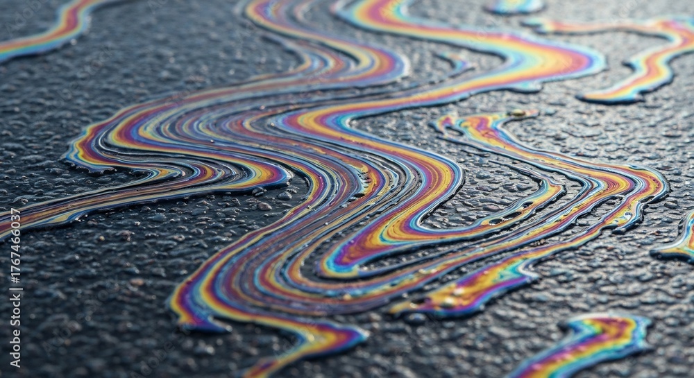 Fototapeta premium Rainbowcolored oil slick on asphalt displaying swirling iridescent patterns captures light reflection