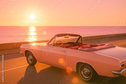 Sunset Cruising in a Pink Convertible: Coastal Road Trip with Vintage Car and Ocean View