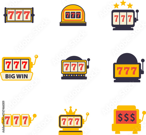 Casino jackpot Slot machine. Jackpot poker 777 slot machine icons. Gambling fortune vector concept. Illustration of game machine, gaming casino, one arm bandit. Lucky icons set.