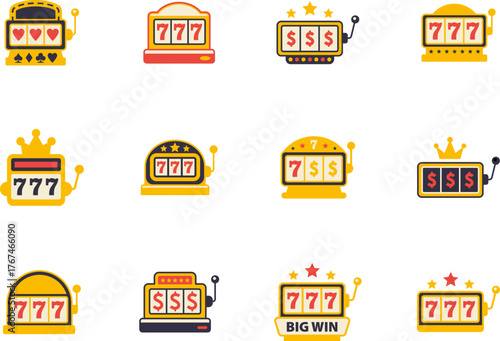 Casino jackpot Slot machine. Jackpot poker 777 slot machine icons. Gambling fortune vector concept. Illustration of game machine, gaming casino, one arm bandit. Lucky icons set.