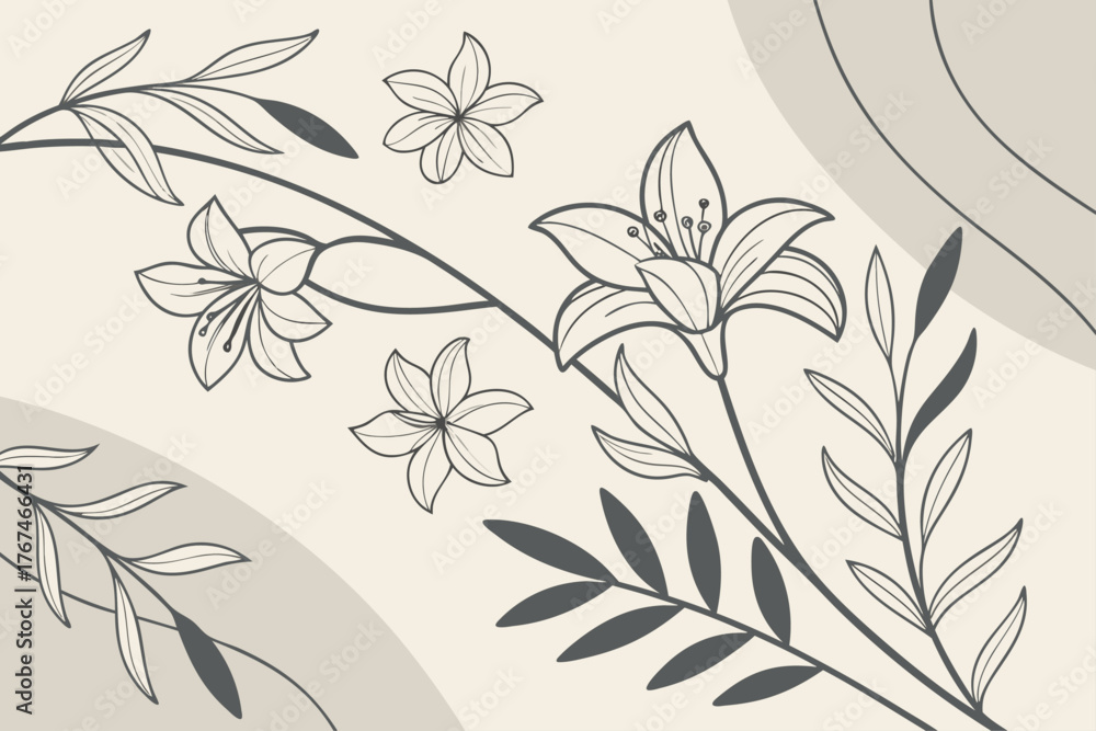 Fototapeta premium Abstract botanical line art with neutral tones and subtle color accents