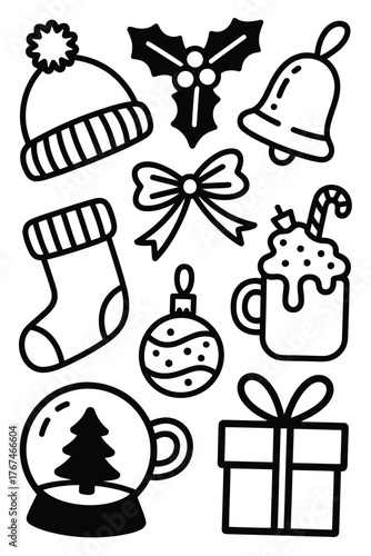 Collection of christmas icons including a hat, stocking, bell, bow, ornament, hot chocolate, snow globe, and gift, vector illustration