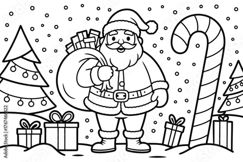 Coloring page of santa claus with a sack of gifts, christmas trees, presents, and a candy cane, vector illustration