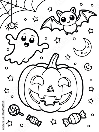 Cute halloween coloring page with a pumpkin, ghost, bat, spider, and candy, vector illustration
