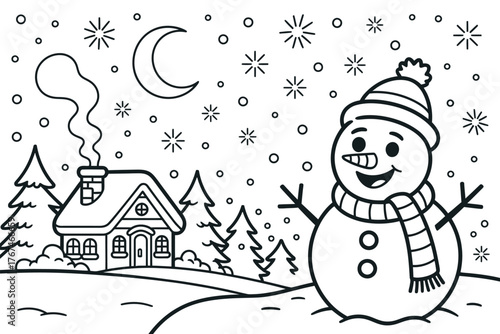 A cheerful snowman stands in a snowy landscape next to a cozy house with smoke coming from the chimney, under a crescent moon and falling snowflakes vector illustration