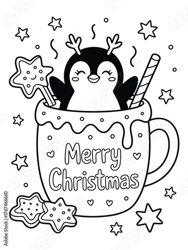 Charming christmas coloring page featuring a cute penguin in a mug of hot chocolate with cookies and candy cane, vector illustration