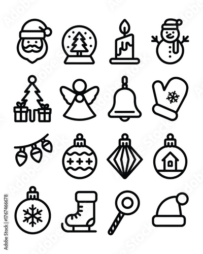 A collection of simple black and white line art icons representing christmas and winter holiday themes, including santa claus, snowman, and ornaments vector illustration