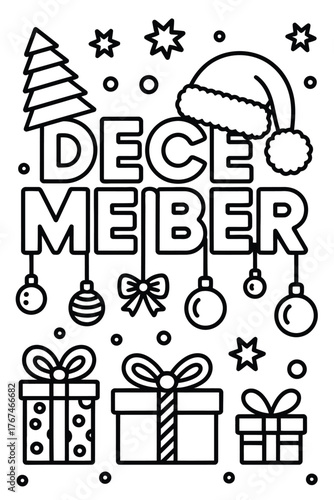 December text with christmas elements like santa hat, christmas tree, baubles, and gift boxes, coloring page style vector illustration
