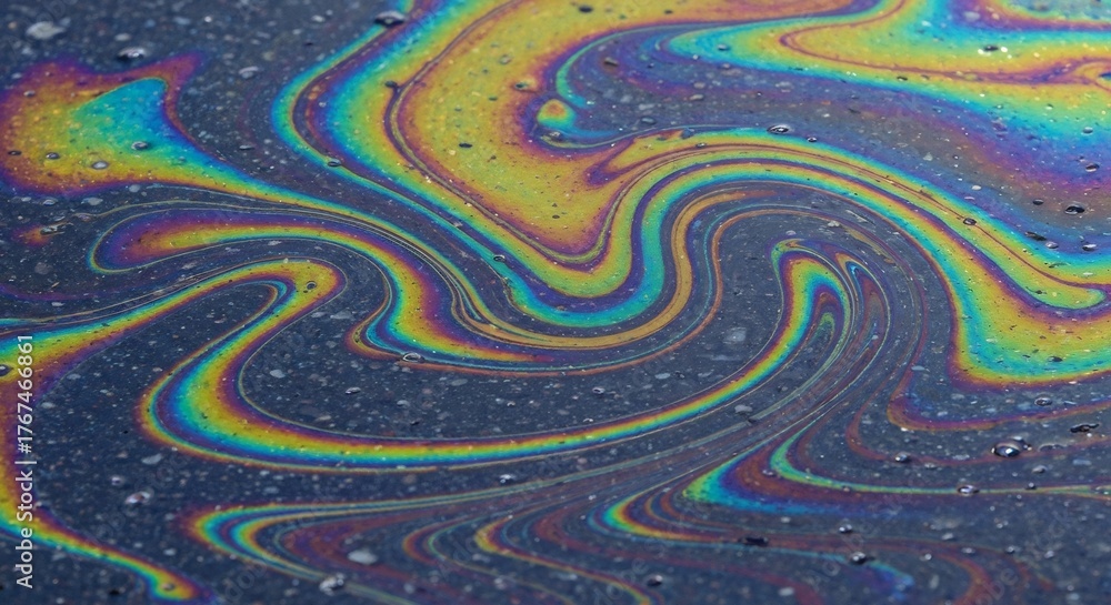 Naklejka premium Swirling rainbow slick on asphalt with tiny water droplets