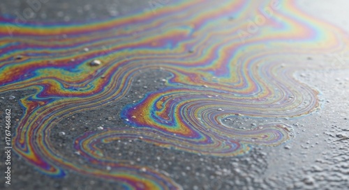 Swirling rainbow sheen of oil spill on asphalt droplets present