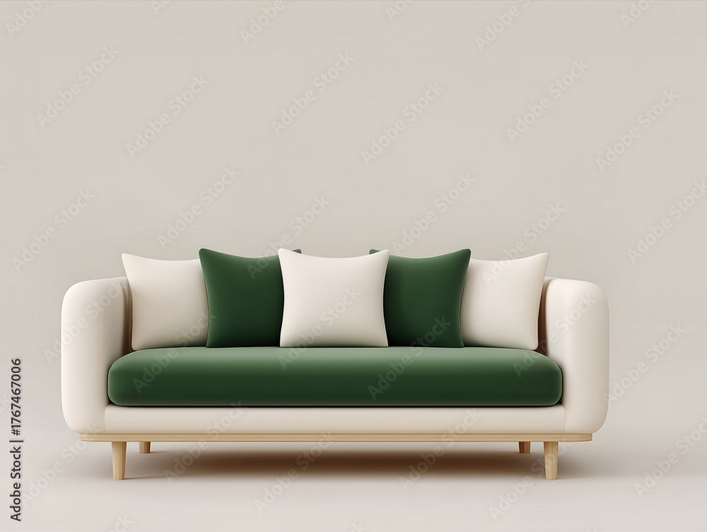 Fototapeta premium Minimal cream sofa with green cushions and wooden legs on beige background
