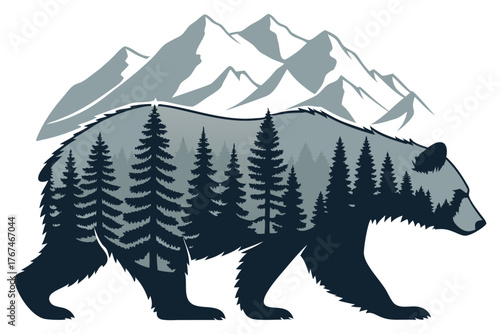 Majestic bear silhouette filled with pine trees and mountains