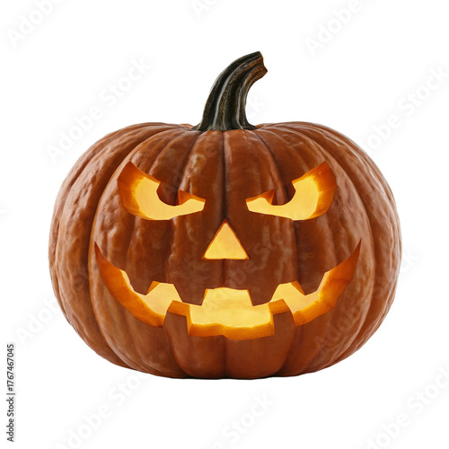 glowing halloween jack-o'-lantern with sinister carved face, isolated on transparent background for spooky design