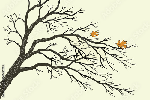 Stylized bare tree branch with a few colorful leaves