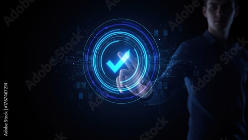 A hand touching a glowing holographic checkmark shows innovation and trust in digital quality management systems concept and iso certification and quality management