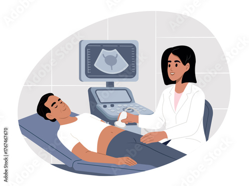 Doctor is performing an ultrasound scan to examine the internal organs. Man in an ultrasound room is talking to a doctor. Ultrasound of the prostate gland. Vector illustration in flat style.