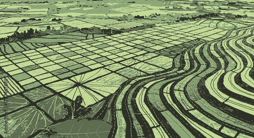Green monotone graphic illustration of agricultural fields and a winding road landscape