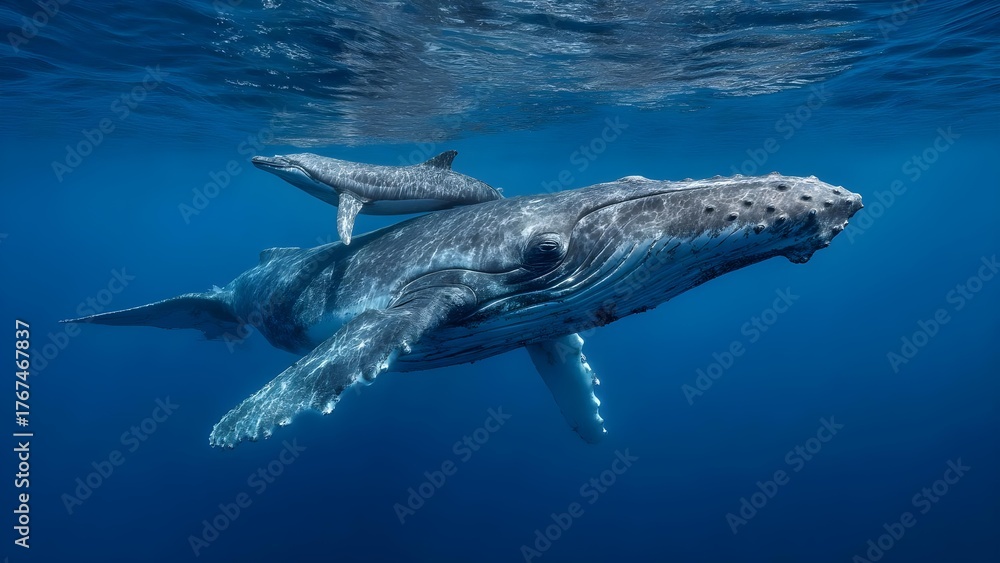 Fototapeta premium Two humpback whales swimming underwater in a blue ocean, an adult with a calf. Concept Underwater wildlife, Humpback whales, Adult and calf, Ocean blues, Marine life photography