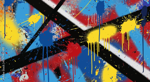 Dynamic abstract painting with colorful splatters and bold geometric shapes