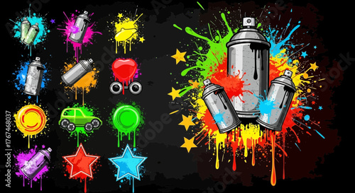 Vibrant graffiti art featuring spray cans, stars, and dripping colorful paint