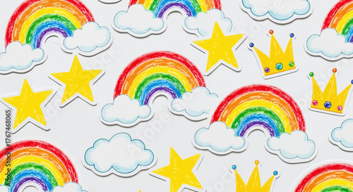 Seamless pattern with rainbows, clouds, stars, and crowns adds a whimsical touch