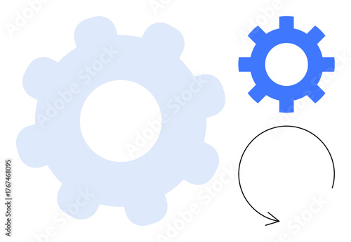 Blue and translucent gears alongside a circular arrow conveying collaboration, workflow, mechanical systems, teamwork, productivity, development, and automation concepts. Clean and simple flat