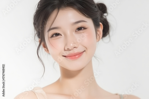 Female Asian Model with Short Hair - Young Beautiful Woman with Hair Bun - Studio Portrait of Asian Beauty for Fashion, Cosmetic, Skincare - Posing on White Background - Smooth Tied Hair