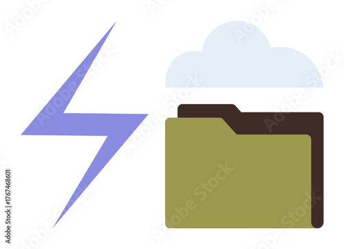 Lightning bolt next to a folder icon under a cloud, symbolizing fast file transfer, cloud storage, digital organization, and energy. Ideal for technology, efficiency, cloud computing, storage speed