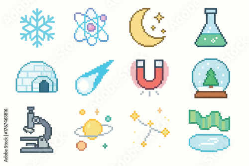 Pixel Art Science and Winter Icons Set