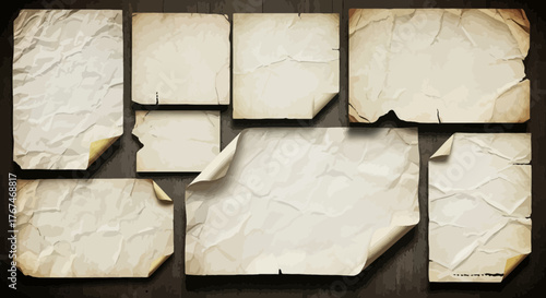 Collection of Old Crumpled Paper Sheets with Folded Corners on Dark Wood Backdrop