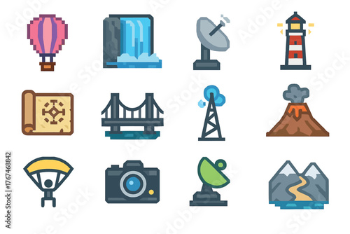 Pixel Art Icons Adventure Travel Nature Symbols