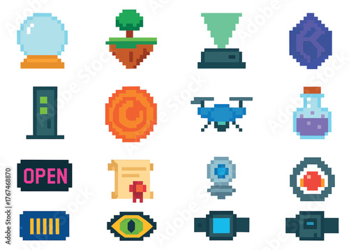 Pixel Art Icons Set Mystical and Futuristic Symbols