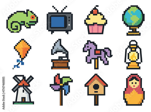 Pixel Art Fun Icons Set with Chameleon, TV, Cupcake, and More