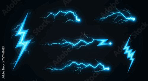Electric blue lightning strikes on dark background, a set of energetic designs