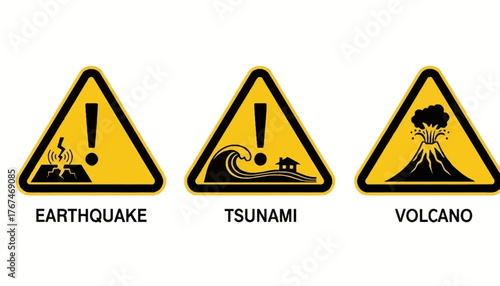 Earthquake, Tsunami, Volcano Warning Icon Set