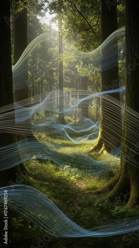 Mystical Forest with Flowing Light and Delicate Webs.