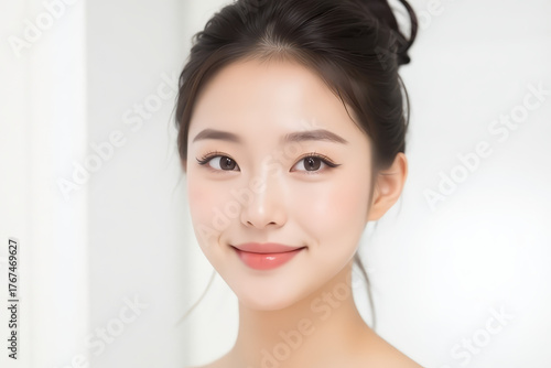Female Asian Model with Short Hair - Young Beautiful Woman with Hair Bun - Studio Portrait of Asian Beauty for Fashion, Cosmetic, Skincare - Posing on White Background - Smooth Tied Hair