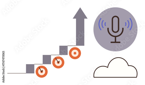 Steps with targets leading to an arrow, cloud, and microphone suggest growth, goal achievement, cloud technology, and communication. Ideal for success, planning, leadership podcasting teamwork