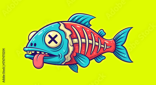 Cartoon illustration of dead fish with cross eyes and bone structure on a neon background
