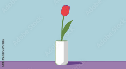 Elegance in Simplicity: A serene composition of a single red tulip in a white vase on a pastel