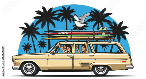 Vintage station wagon on a road trip with palm trees and surfboards on top vacation vibes