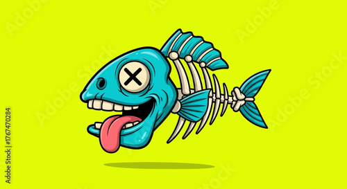 Cartoonish fish skeleton with goofy face and crossed-out eye, vibrant on a yellow background