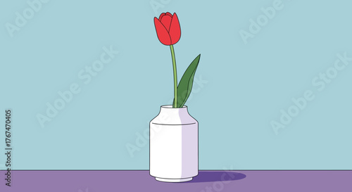 Serene red tulip presented in a stylized white vase resting on lavender surface