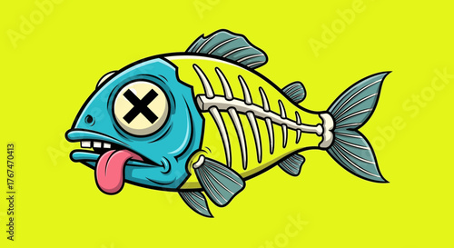 Humorous cartoon illustration of a dead fish skeleton against a vivid yellow background portraying