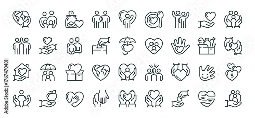Charity human care outline icons pack. Line signs volunteering and social help, support kindness or friendly relations. Thin vector icons set perfect for web app infographic business social projects.