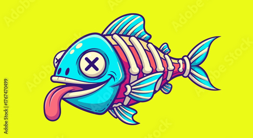 Humorous cartoon skeleton fish with protruding tongue floating in vibrant yellow space