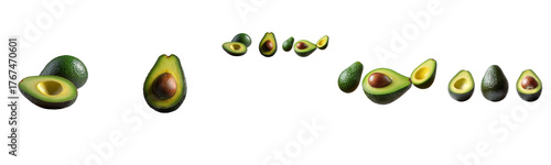 avocados: whole and halved on white background