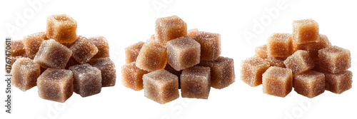 brown sugar cubes piles on white background