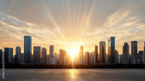 Golden sunrise over city skyline creates emotional warmth and beauty