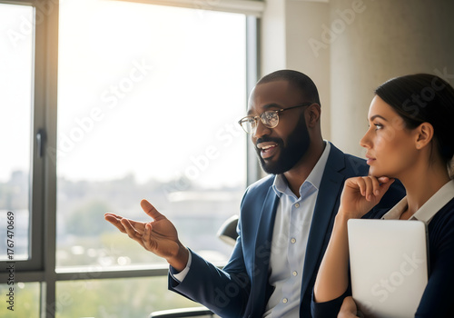 Wallpaper Mural Diverse colleagues collaborate and discuss ideas by a large window Torontodigital.ca